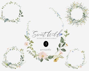 Watercolor Floral Wreaths Clipart - Wildflower Designs (PNG)