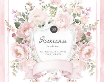 May include: Watercolor floral collection design featuring soft pink peonies, roses, and other flowers. The design includes a shield-shaped emblem with the word "Romance" and a banner. The background has pink stripes.