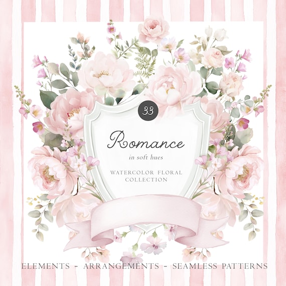 Watercolor Roses and Peonies Vintage Clipart: Blush Pink and Wildflowers Floral Elements & Arrangements