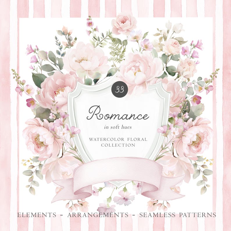 May include: Watercolor floral collection design featuring soft pink peonies, roses, and other flowers. The design includes a shield-shaped emblem with the word "Romance" and a banner. The background has pink stripes.