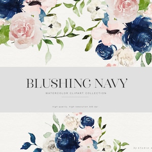 Blushing Navy - Aquarell Clipart Set, Navy Blaue Rosen, Blush Rosen, Navy Blush Blumenkranz, Bouquet, Navy Blush Hochzeit, Florale Elemente