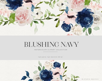 Floral Wreaths - Navy & Blush Hand Painted Watercolor Flower Clipart ...