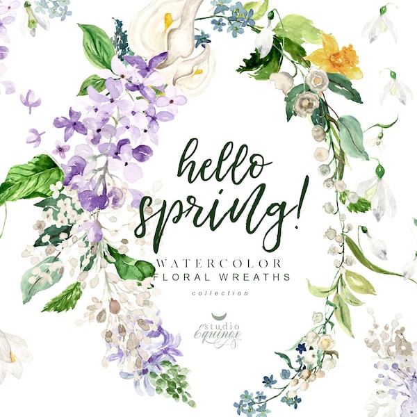 Hello Spring, Aquarell Frühlingskranz Clipart, Aquarell Narzissen, Flieder, Tulpe, Schneeglöckchen, Hyazinthen, Grünlaub, Osterblumen