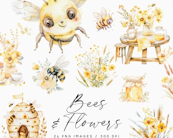 Watercolor Honey Bee Clipart, Floral Clipart (Digital Download)
