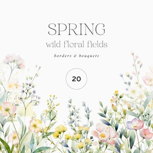 Aquarel bloemenranden en boeketten, bloemenranden clipart, wilde bloemen, aquarel lentebloemen, lenteboeketten, bruiloft clipart