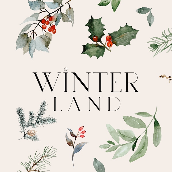 Winter Land - Watercolor Hand Painted Elements, DIY Winter Elements, Watercolor Christmas, Winter Greenery, Watercolor Winter Clipart