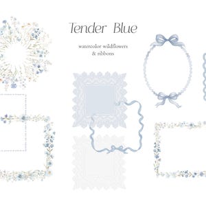 May include: Watercolor illustrations featuring floral wreaths, frames, and ribbons in shades of blue and white. The text "Tender Blue" and "watercolor wildflowers & ribbons" are also present. The designs are delicate and suitable for various craft projects.