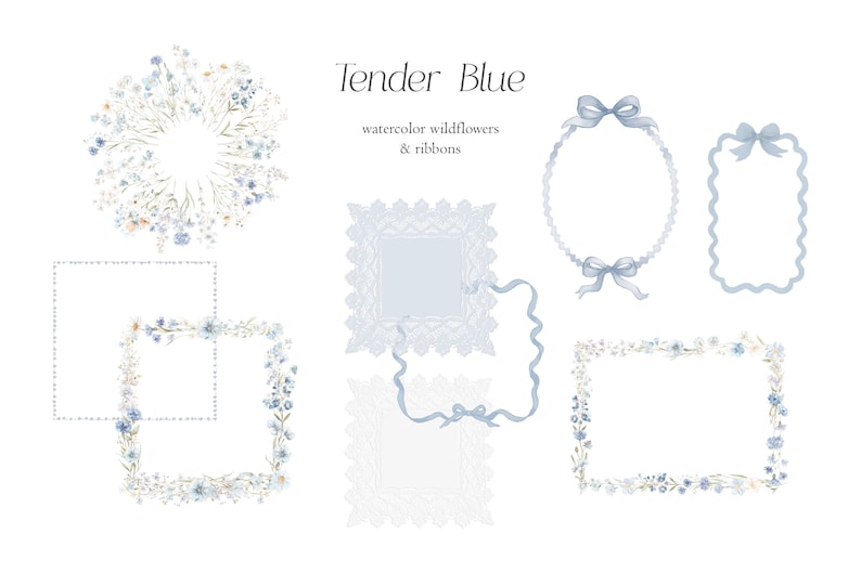 May include: Watercolor illustrations featuring floral wreaths, frames, and ribbons in shades of blue and white. The text "Tender Blue" and "watercolor wildflowers & ribbons" are also present. The designs are delicate and suitable for various craft projects.