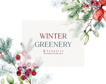 Winter Greenery, Watercolour Winter Bouquets Set, Holly Bouquet, Pine Branch Bouquet, Pine Cone, Poinsettia Bouquet, Christmas Clipart
