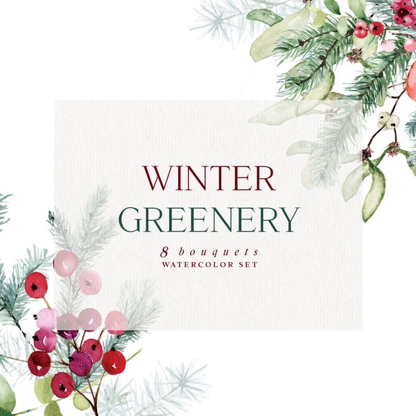 Winter Greenery, Watercolour Winter Bouquets Set, Holly Bouquet, Pine Branch Bouquet, Pine Cone, Poinsettia Bouquet, Christmas Clipart