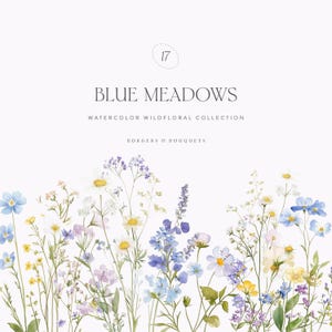Clipart floral de acuarela, bordes de flores silvestres, ramos de flores silvestres, borde floral azul, ramo de flores silvestres moradas, clipart de boda