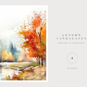 Paisagens de aquarela de outono - Paisagens de floresta em aquarela - Clipart de outono - Clipart de floresta - Paisagens de floresta de outono em aquarela