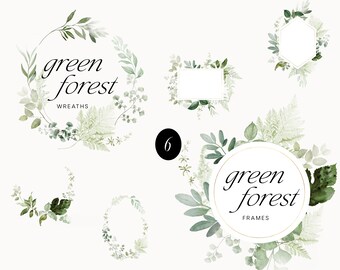 Puede incluir: Seis ilustraciones de acuarela de coronas y marcos de follaje verde. Las coronas y los marcos son circulares, hexagonales y rectangulares. El texto "green forest" aparece en el centro de dos de las ilustraciones, con las palabras "wreaths" y "frames" debajo del texto.