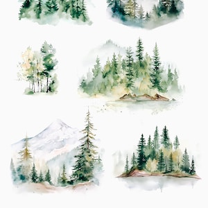 May include: Watercolor illustrations of mountain landscapes with pine trees and snow-capped peaks. The illustrations are in shades of green, blue, and white.