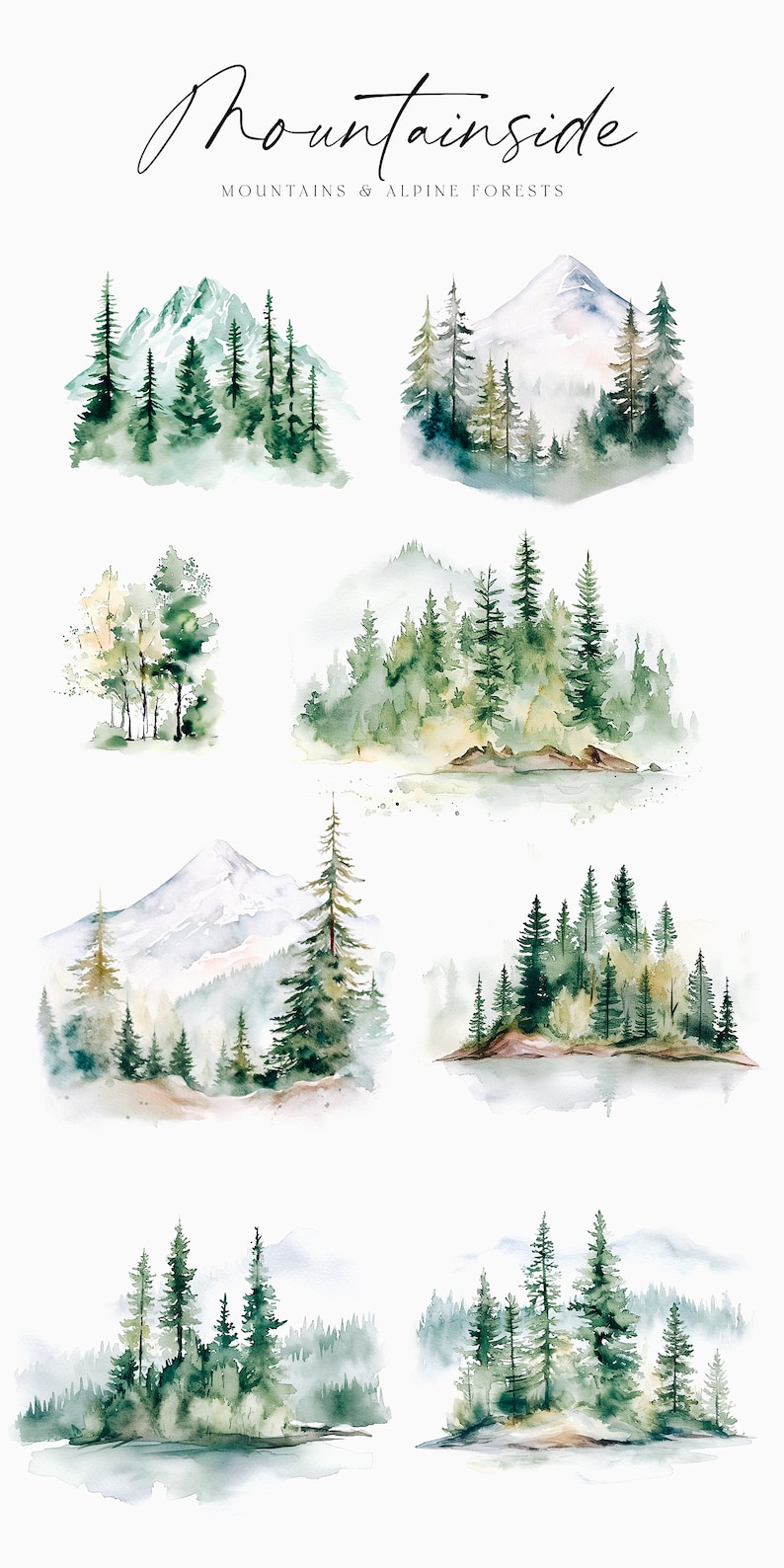 May include: Watercolor illustrations of mountain landscapes with pine trees and snow-capped peaks. The illustrations are in shades of green, blue, and white.