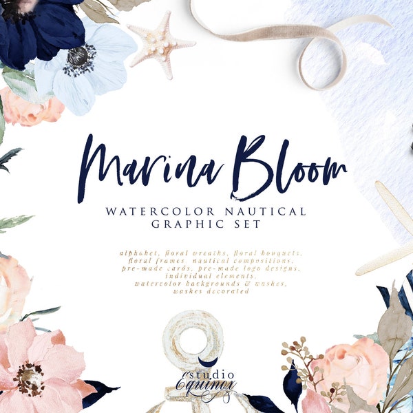 Marina Bloom, Watercolor Floral Nautical Clipart, Navy Blue Floral, Blush Pink Peony, Rose, Nautical Compositions, Pre made Cards, Alphabet