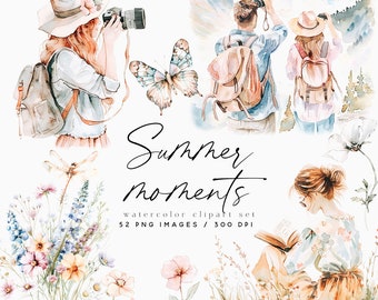 Aquarell Sommer Clipart, Wandern, Wildblumen, Cottage-Szenen (PNG-Dateien)