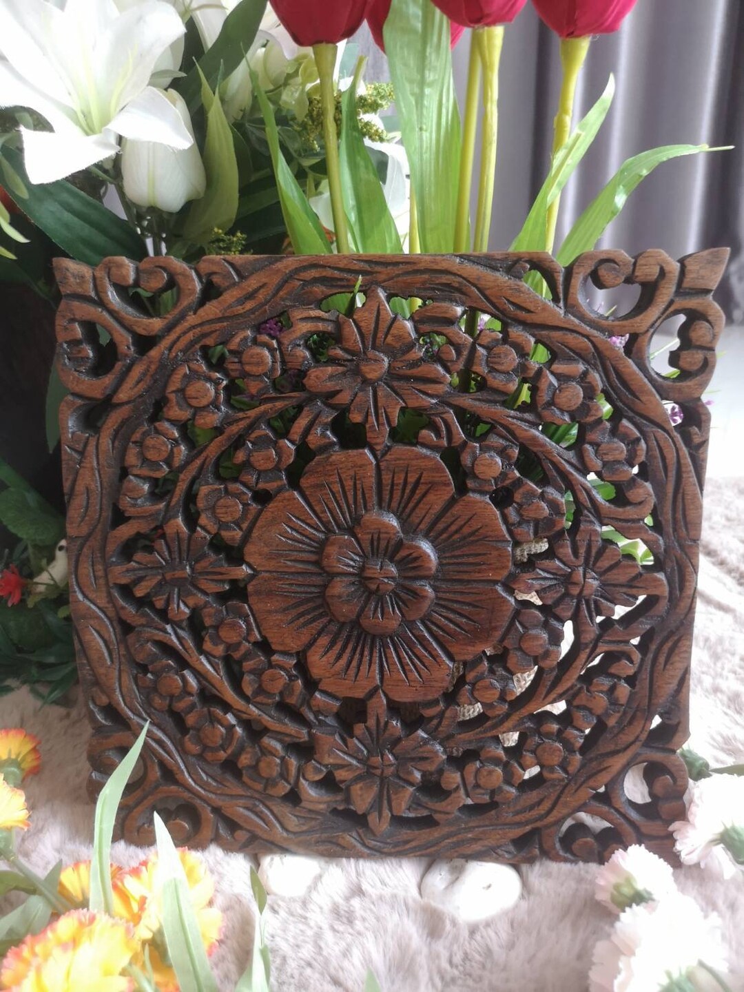 Wood Wall Decoration Carved Wooden Wall Flower Shaped Home Etsy