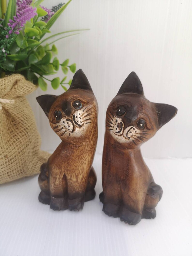2 Pieces Wooden Cat Figurines for Home Decoration Wood Carving Etsy