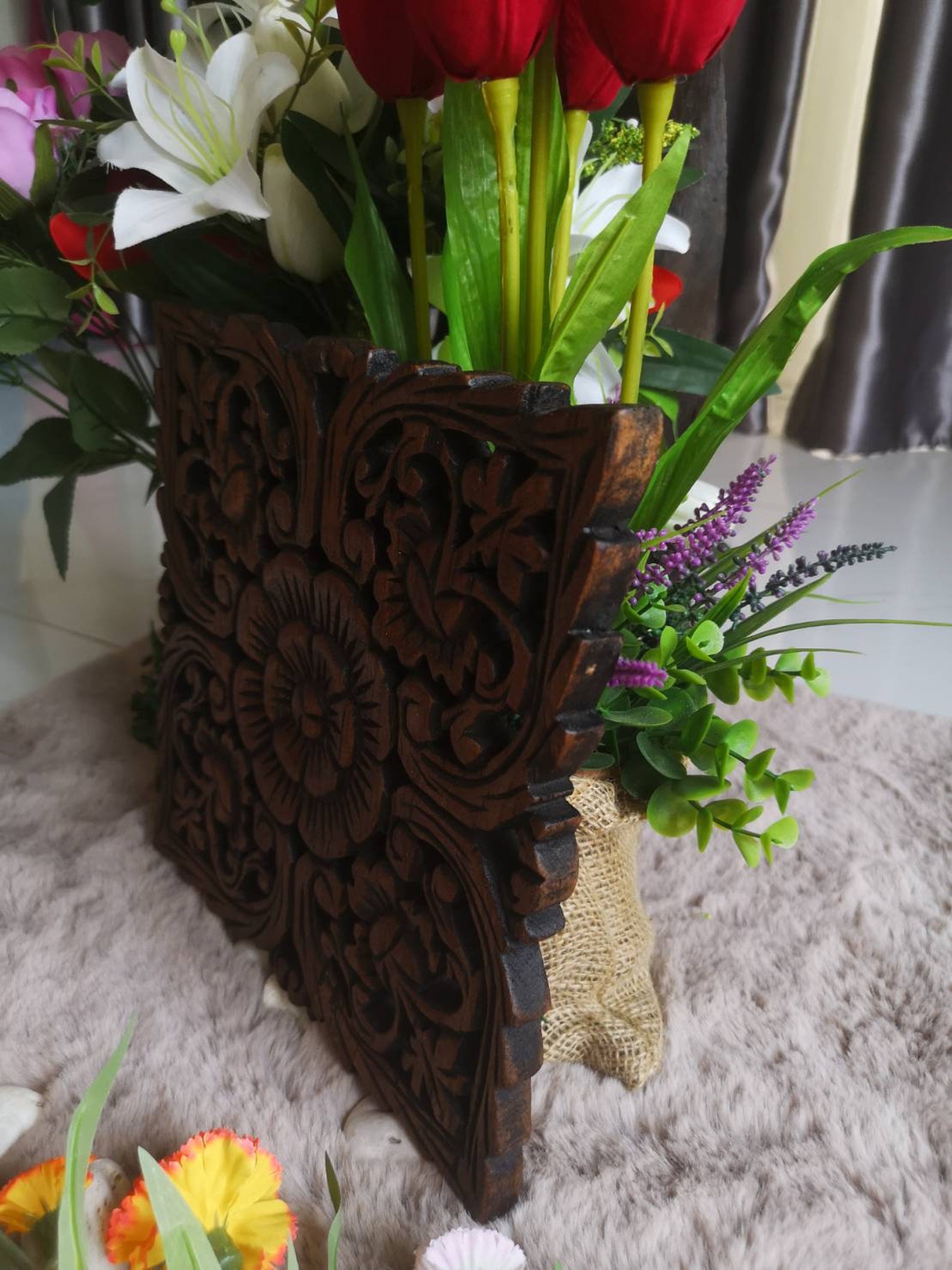 Wood Wall Decoration Carved Wooden Wall Flower Shaped Home Etsy