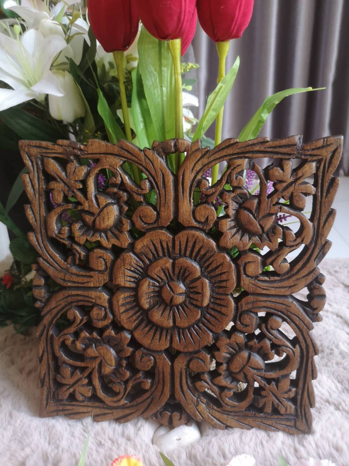 Wood Wall Decoration Carved Wooden Wall Flower Shaped Home Etsy
