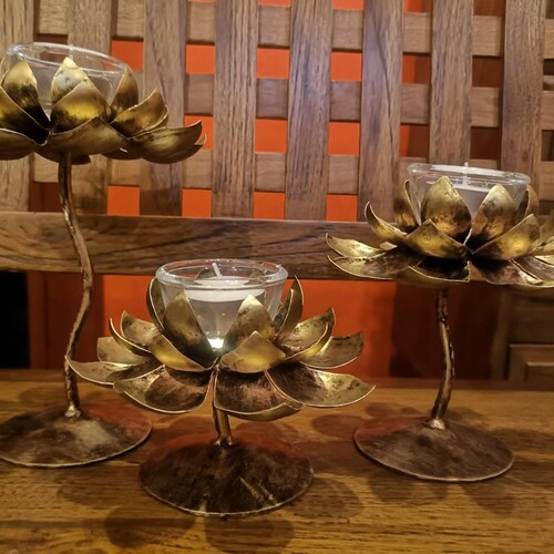 Set of 3 Candle Holders Brass Lotus Candle Holder. Etsy