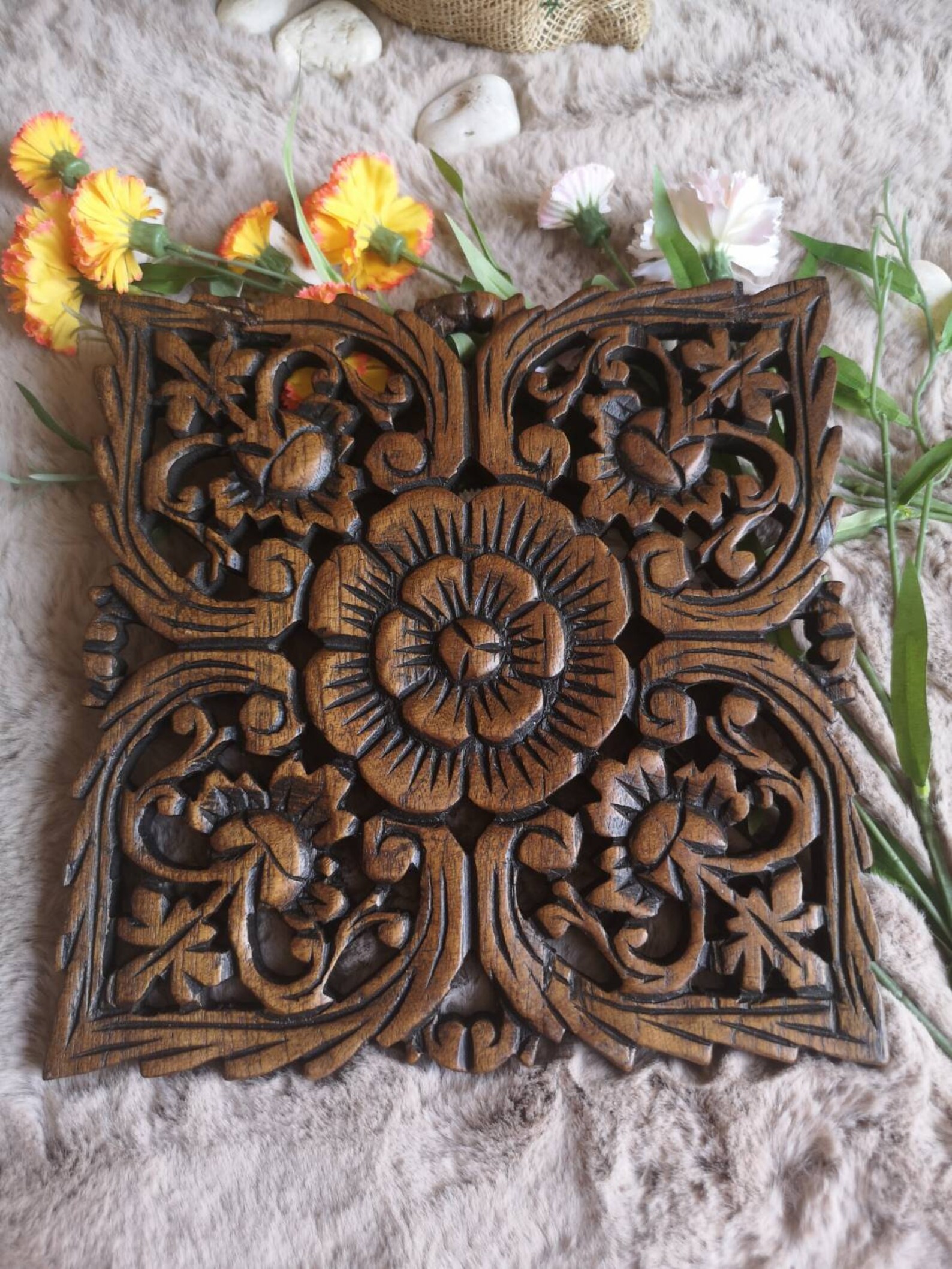 Wood Wall Decoration Carved Wooden Wall Flower Shaped Home Etsy