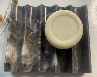 Square soap dish black marble, stone soap tray, holder with drainage, minimalist  bathroom decor