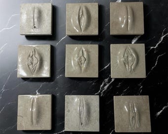 May include: Nine square, stone-like tiles, each featuring a unique, sculpted vulva design. The tiles are arranged in a grid pattern against a black and white marble-patterned surface. The sculptures vary in shape and detail.
