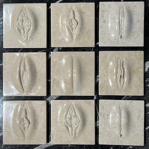 May include: Nine beige-colored, square tiles arranged in a grid. Each tile features a sculpted vulva design, with variations in form and detail. The tiles are made of a stone-like material.