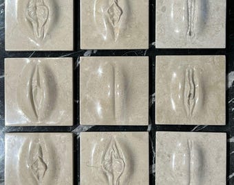 May include: Nine beige-colored, square tiles arranged in a grid. Each tile features a sculpted vulva design, with variations in form and detail. The tiles are made of a stone-like material.