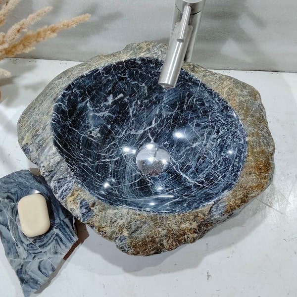 Polished Stone Sink,Real Stone Sink,Bathroom Vessel Sink,Oval Bathroom Sink,Marble Stone Sink,Trending Sink 45/36/15cm18/14/6in