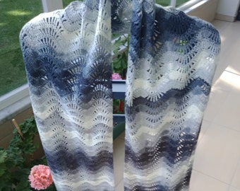 Hand knitted crochet shawl |  Gray White and Black scarf |  wrap | Handmade shawl