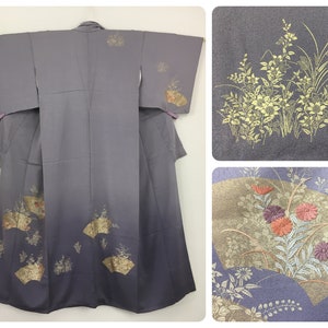 Japanese women&#39;s kimono, vintage, embroidered sensu, lavender silk, medium-large, Japan import