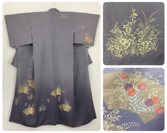 Japanese women's kimono, vintage, embroidered sensu, lavender silk, medium-large, Japan import