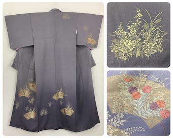 Japanese women&#39;s kimono, vintage, embroidered sensu, lavender silk, medium-large, Japan import