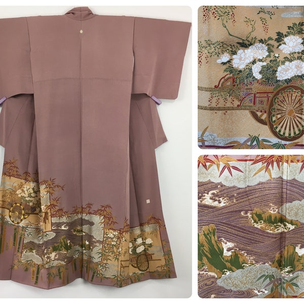 Japanese women's kimono, flowers, carts & waves, rosewood silk, medium, vintage, Japan import