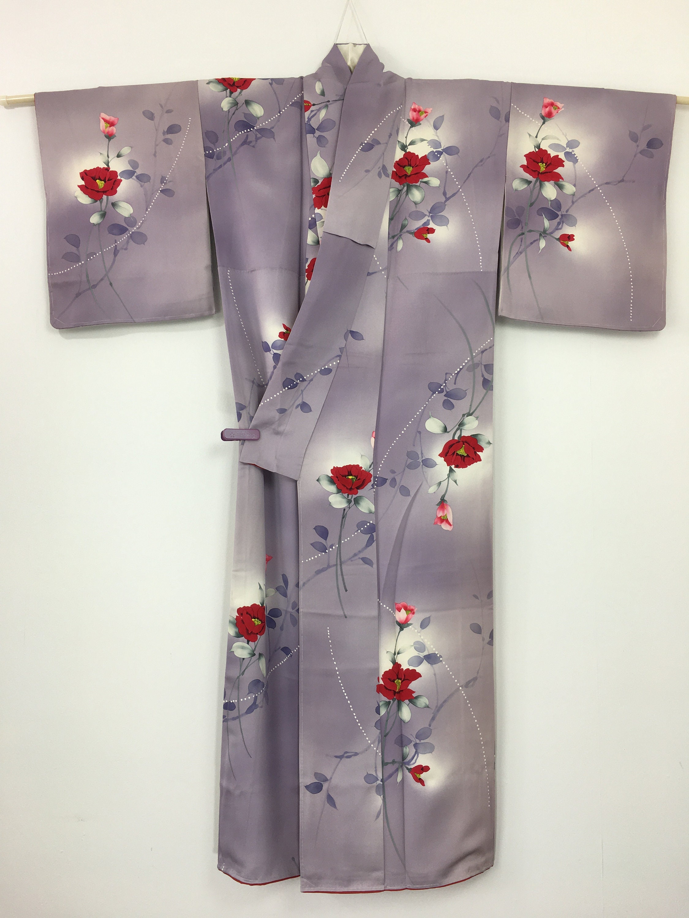 Japanese women's kimono vintage roses lavender silk | Etsy