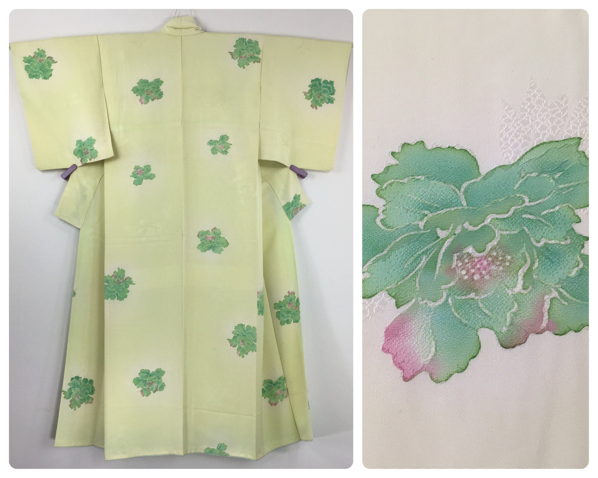 Japanese women's kimono, vintage, light yellow silk, flowers kimono, small-medium, Japan import