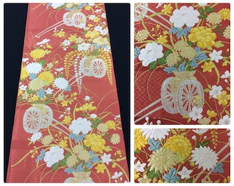 Embroidered Silk Japanese Obi, Floral Carts, Dark Peach