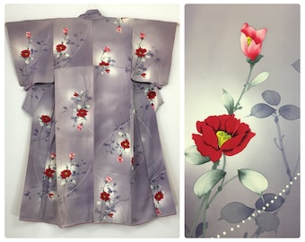 Japanese women's kimono, vintage, roses, lavender silk, small-medium, Japan import