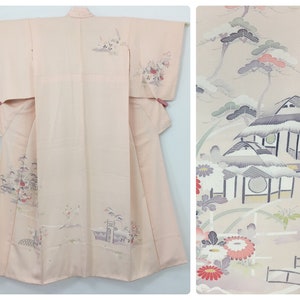 Japanischer Damen Kimono, Vintage, Blumen & Bäume, rosa Seide, klein, Japan Import Bild 1