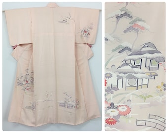 Japanese women&#39;s kimono, vintage, flowers & trees, pink silk, small, Japan import