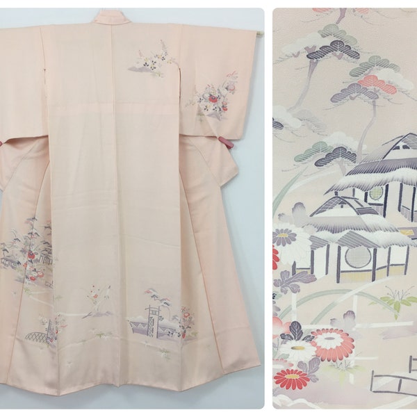 Japanese women's kimono, vintage, flowers & trees, pink silk, small, Japan import