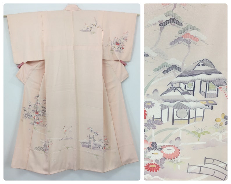 Japanischer Damen Kimono, Vintage, Blumen & Bäume, rosa Seide, klein, Japan Import Bild 1