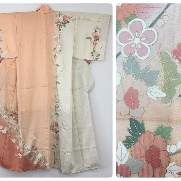 Japanese women's kimono, flowers, salmon and ivory white coloured kimono, silk, medium, long kimono, vintage, Japan import