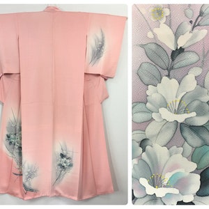 Japanese women&#39;s kimono, vintage, flowers, pink silk, medium-large, very long kimono, Japan import