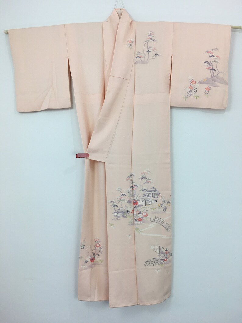 Japanischer Damen Kimono, Vintage, Blumen & Bäume, rosa Seide, klein, Japan Import Bild 8