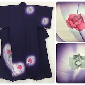 Japanese women&#39;s kimono, vintage, roses & butterflies, purple silk, medium, Japan import