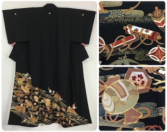 Japanese women&#39;s kimono, vintage, kurotomesode, black tomesode, silk, medium-large, long kimono, Japan import